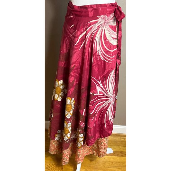 Wrap Sari Skirt Maxi Reversible Layers Red Chiffon Satin Boho Gypsy Womens 1 Sz - Picture 5 of 14
